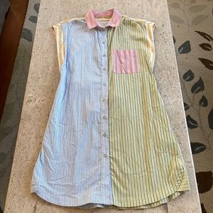 Cotton, polyamide lightweight dress with belt. Pattern blocking color blocking